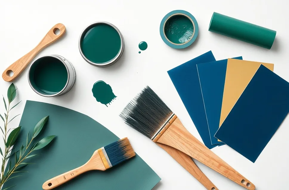 Pots de peinture, nuancier, brosses et rouleaux disposés à plat
