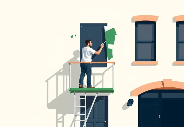 Peintre sur échafaudage traitant la façade d'une maison