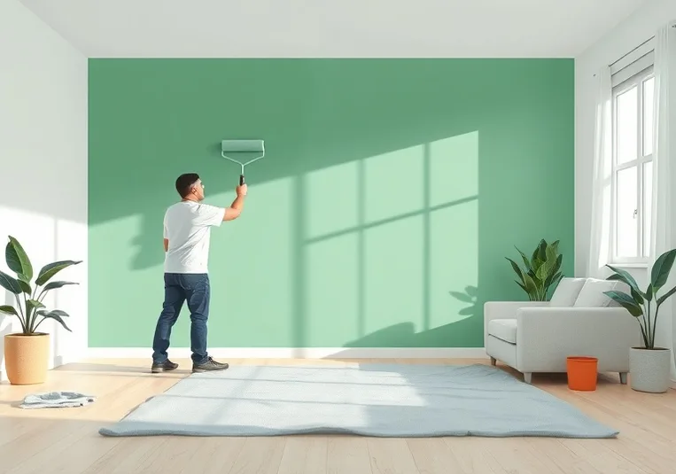 Peintre appliquant la peinture au rouleau sur un mur de salon